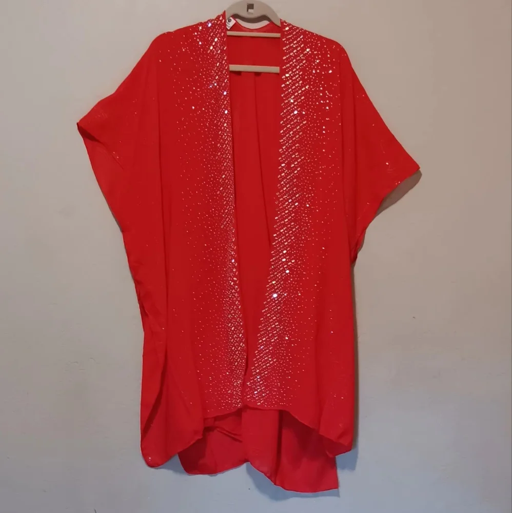 Jessica McClintock Red Kimono Women Open Front Oversized‎ Short Sleeve Valentine